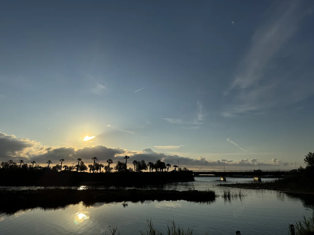 Die Sonne sinkt langsam hinter Palmen und Brücke, während das goldene Licht den Himmel und das Wasser zum Glühen bringt.