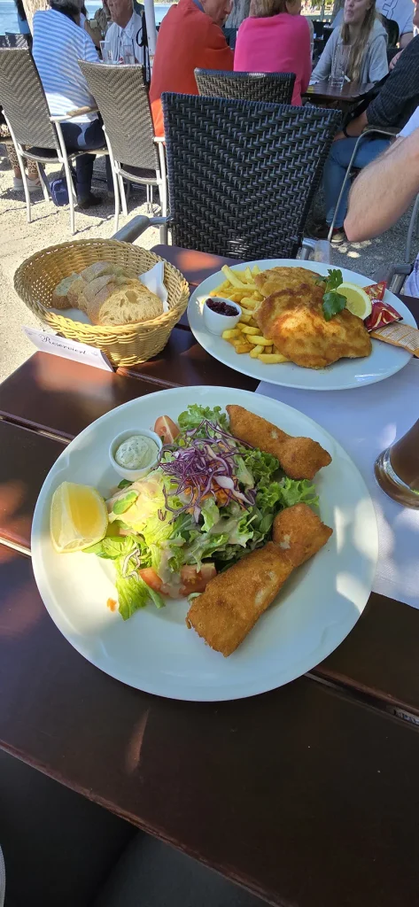 Zwei Teller mit frisch servierten Gerichten in einem Biergarten am See: vorne ein gemischter Salat mit panierten Fischfilets, Zitrone und Remoulade, hinten ein Schnitzel mit Pommes und Preiselbeeren – dazu ein Brotkorb auf einem reservierten Tisch.