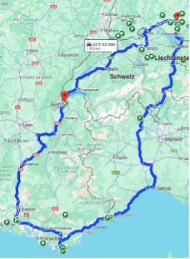 Diese Karte zeigt eine beeindruckende Rundreise durch Südfrankreich, Norditalien und die Schweiz, mit Zwischenstopps an der Côte d’Azur, im Landesinneren der Provence, rund um den Genfer See sowie im Alpenraum – insgesamt über 1.500 Kilometer in knapp 23 Stunden Fahrzeit.