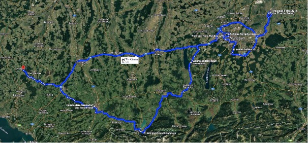Auf der Karte ist eine Rundreise in Süddeutschland (Bayern) zu sehen – Start- und Endpunkt ist Aulendorf.