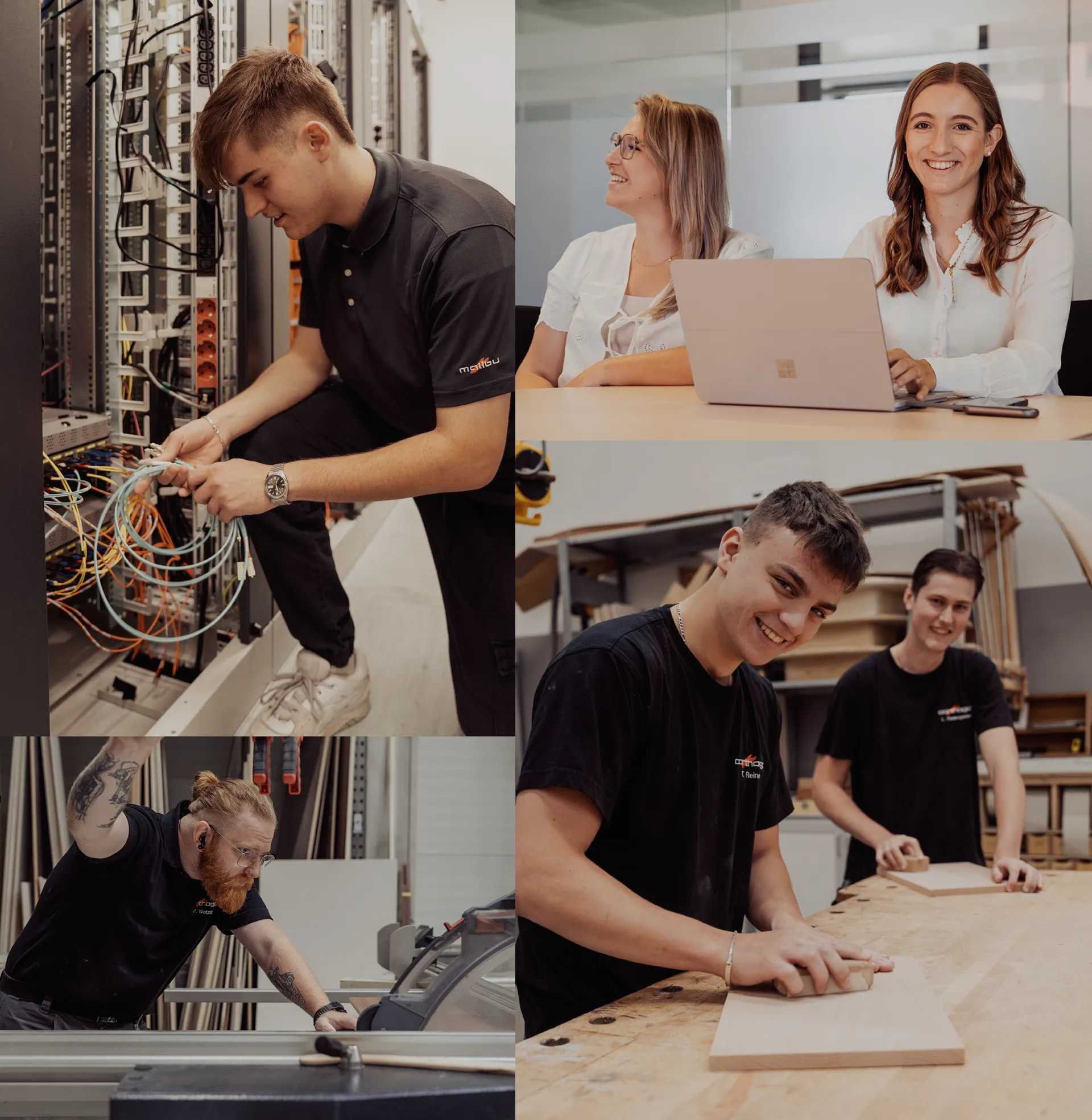 Mitarbeitende und Auszubildende von Carthago bei der Arbeit in IT, Handwerk und Verwaltung – engagiert, konzentriert und mit Teamspirit.